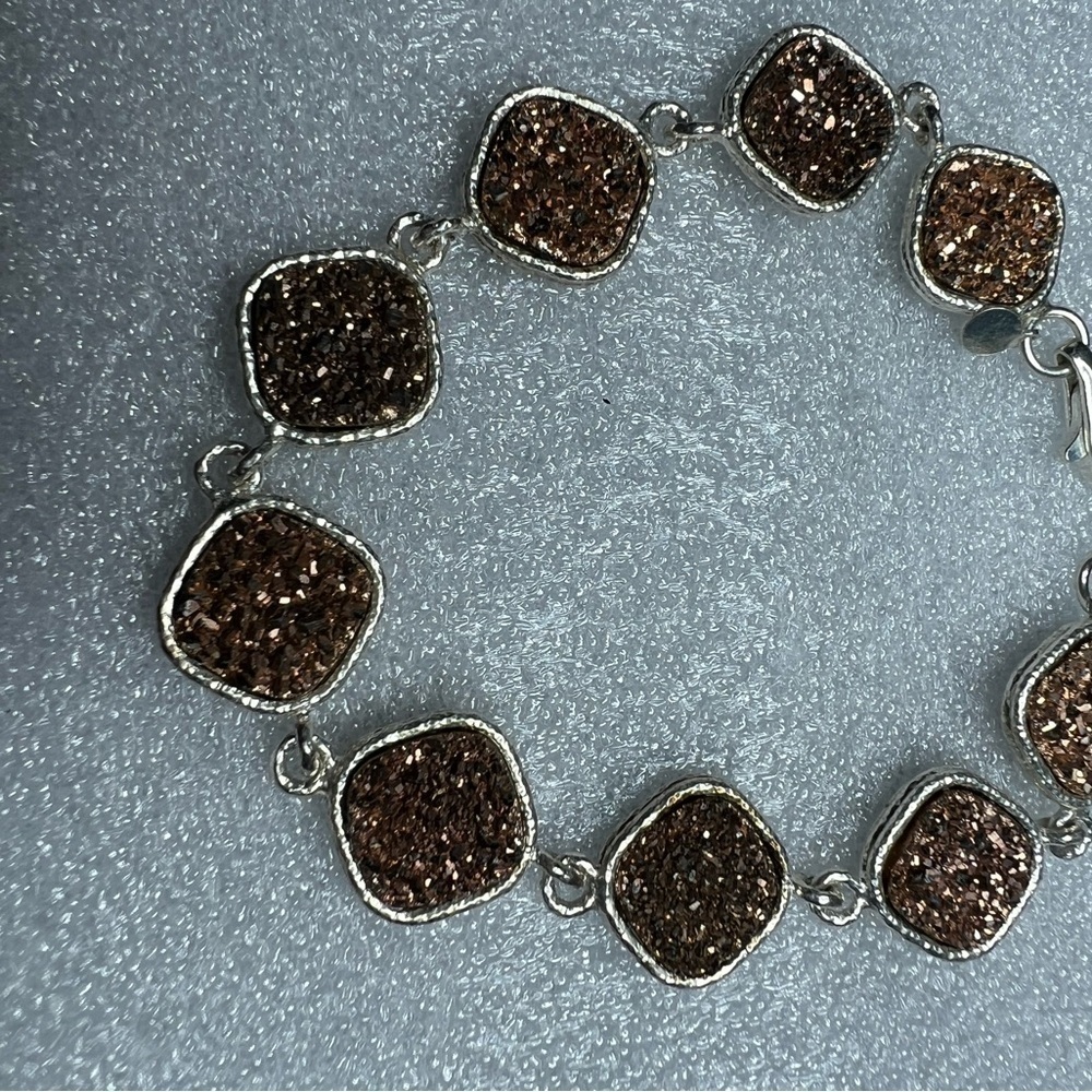 Vintage Milor Sterling Silver Cushion Shaped Gold Druzy Link Bracelet - Picture 2 of 7